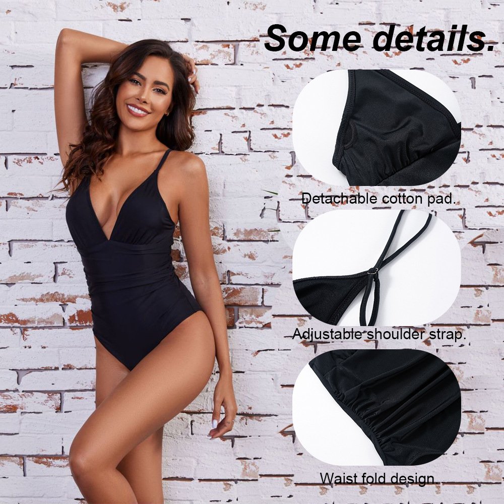 Black women's one-piece swimsuit featuring a deep V-neck, adjustable straps, ruched waist, and detachable padding details.