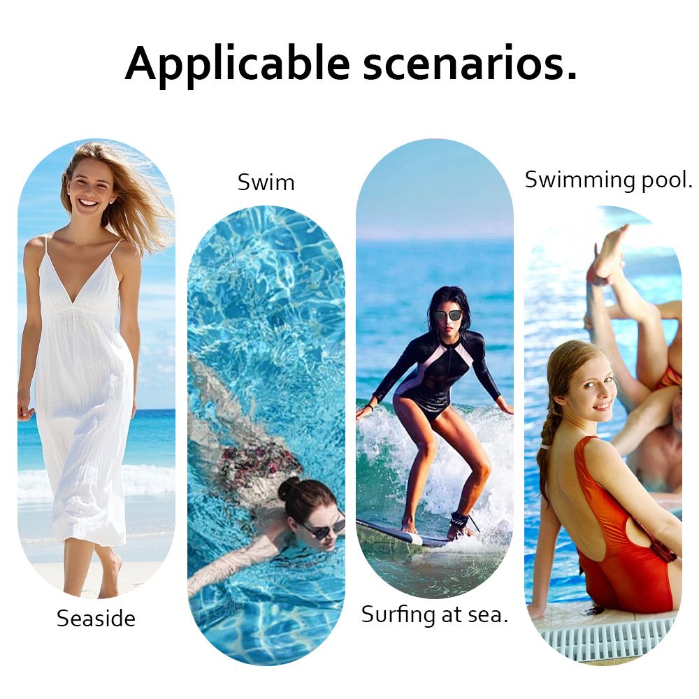 Collage showing women in swimwear at the seaside, swimming, surfing, and at a pool.