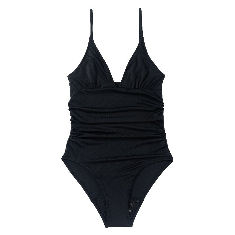 Black one-piece swimsuit featuring a deep V-neckline, adjustable spaghetti straps, and ruched waist detailing.