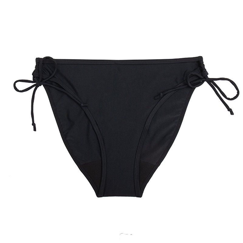Black tie-side bikini bottoms with adjustable side strings and a moderate cut.
