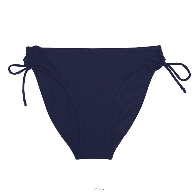 Navy blue women's bikini bottoms featuring adjustable tie-side strings and a classic cut.