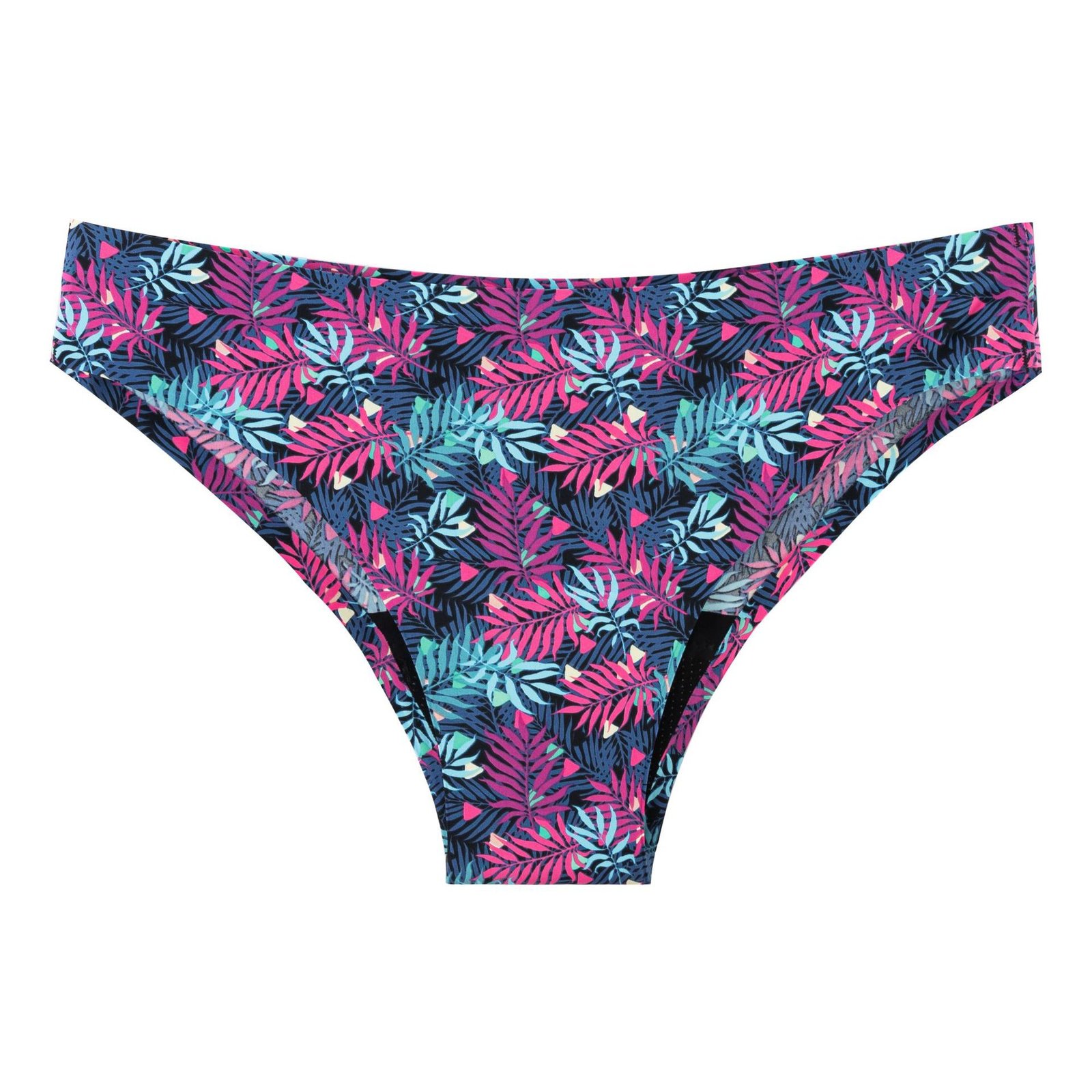 Women's mid-rise bikini bottoms featuring a colorful tropical leaf print on a dark background with moderate coverage.