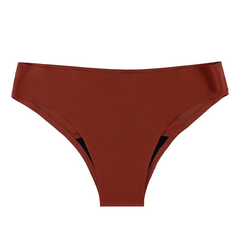 Solid rust-colored women's mid-rise bikini bottoms with an elastic waistband and black inner lining.