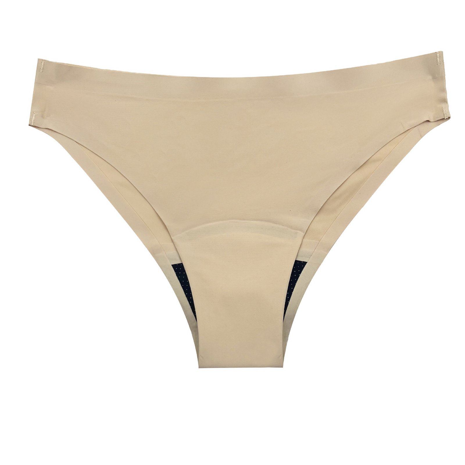 Beige mid-rise bikini bottoms with an elastic waistband and dark polka dot inner lining.