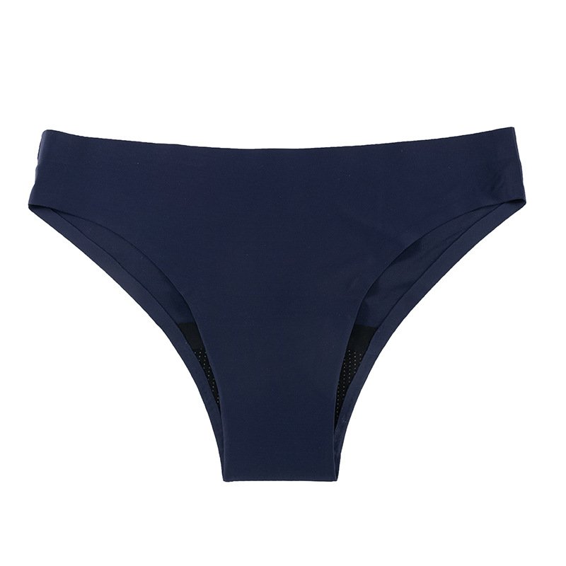 Navy blue women's mid-rise bikini bottoms with an elastic waistband and moderate rear coverage.