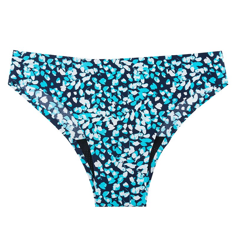Women's mid-rise bikini bottoms featuring a blue and white abstract print with a classic cut and elasticized waistband.