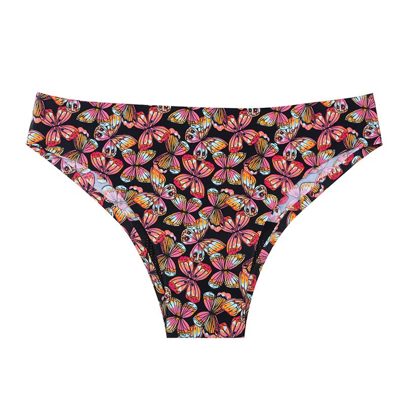 Women's mid-rise bikini bottoms featuring a colorful butterfly print on a black background.