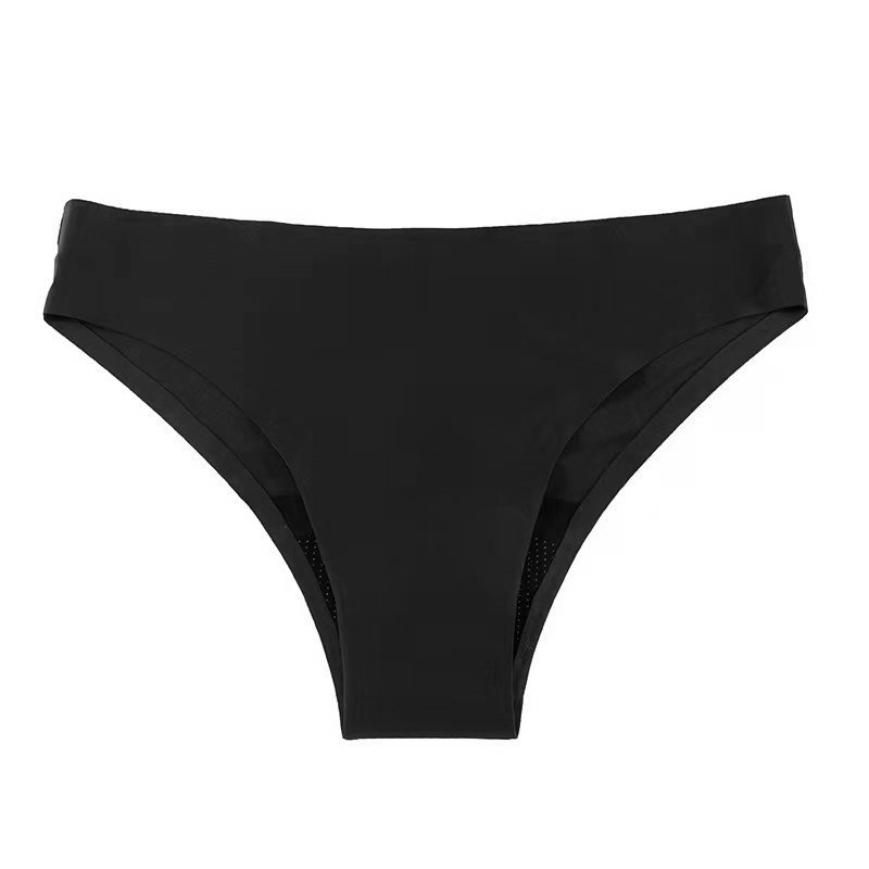 Black women's mid-rise bikini bottoms with an elasticized waistband and classic cut.
