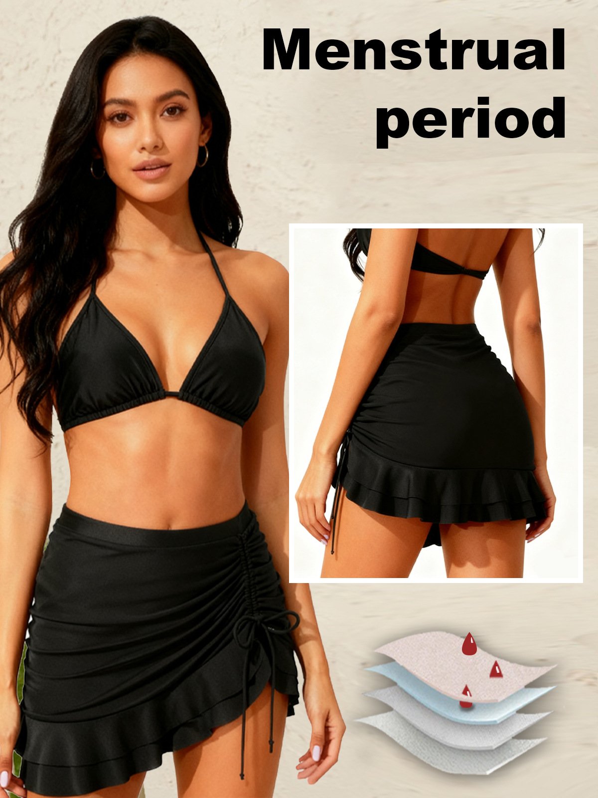 Women’s Ruched Drawstring Leakproof Period Swim Skirt with Built-In Briefs