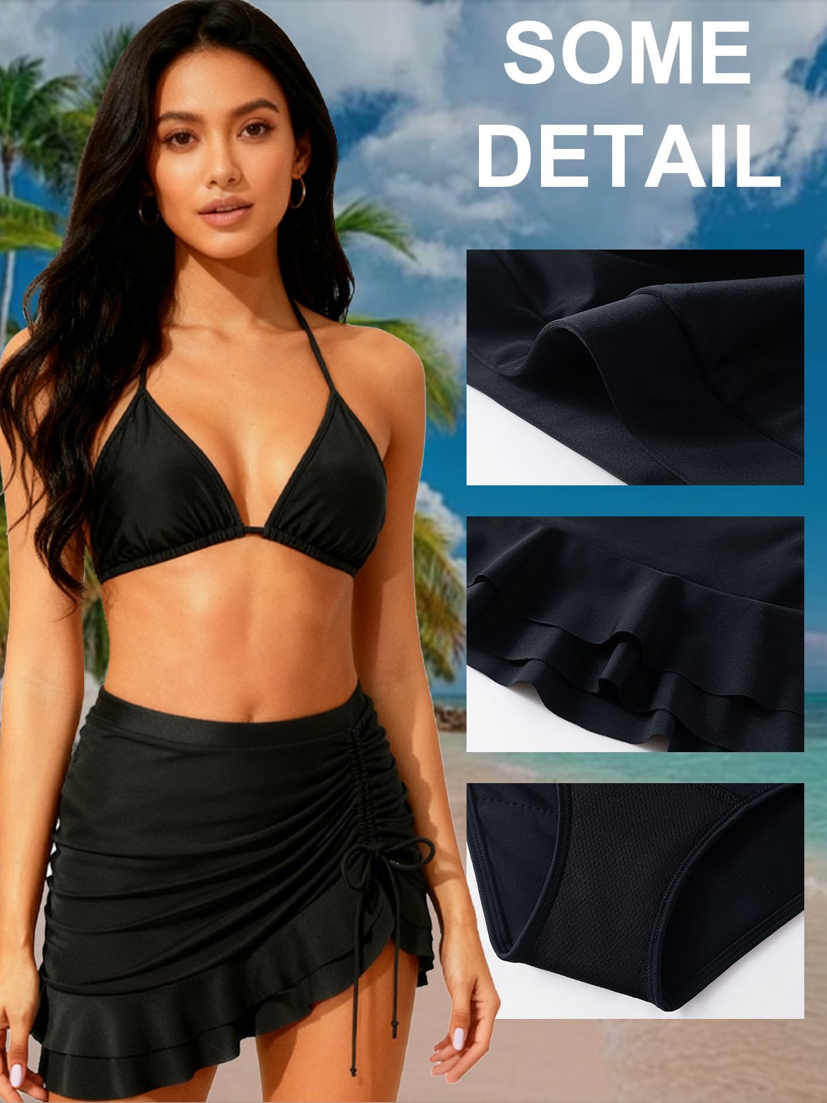 Black women's two-piece swimwear set with a triangle halter top and ruched ruffle mini skirt.