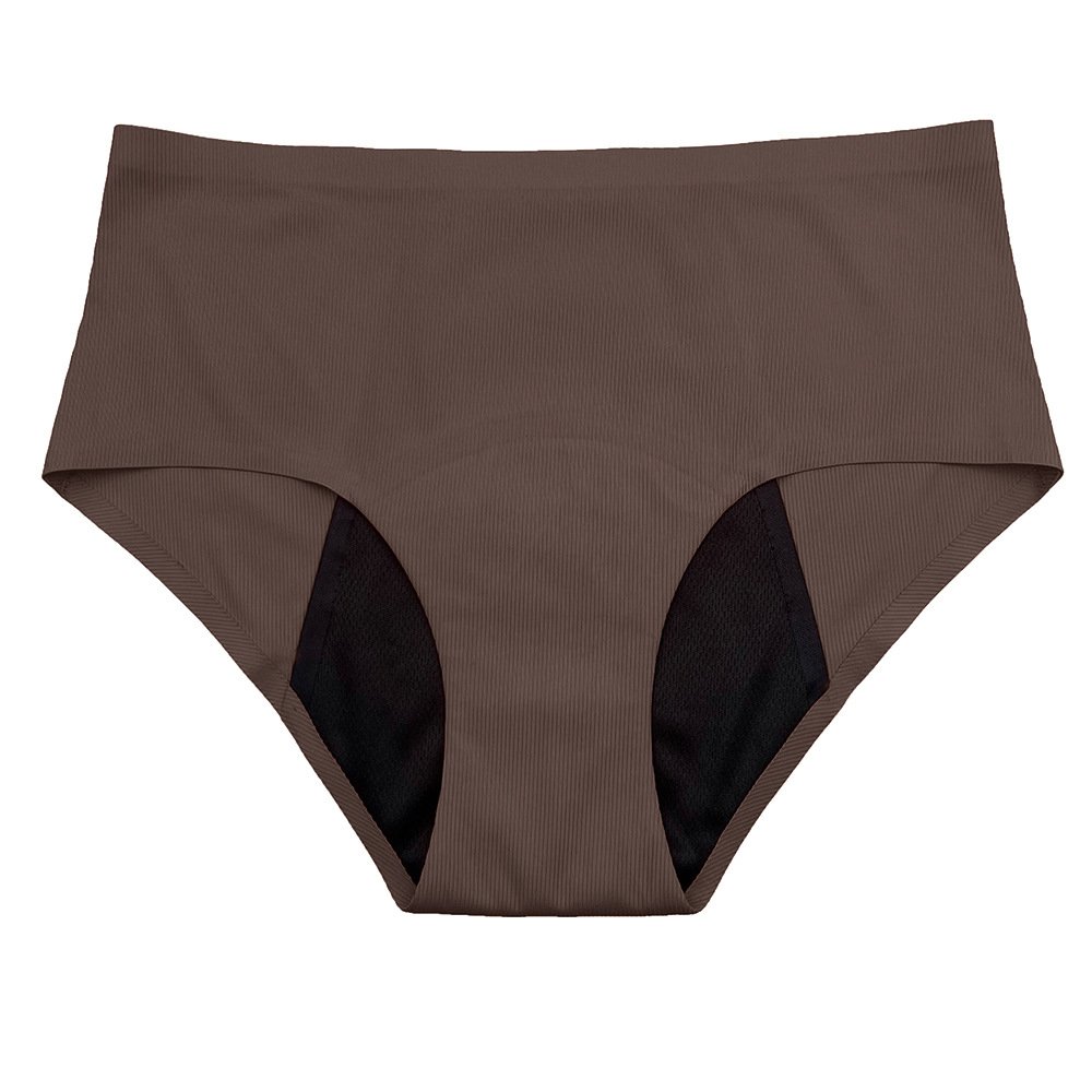 Brown high-waisted swim briefs featuring a wide elastic waistband and dark inner leak-proof lining.