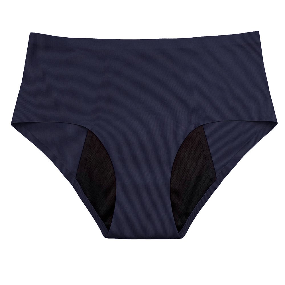 Navy blue high-waisted bikini briefs with a wide elastic waistband and full rear coverage.