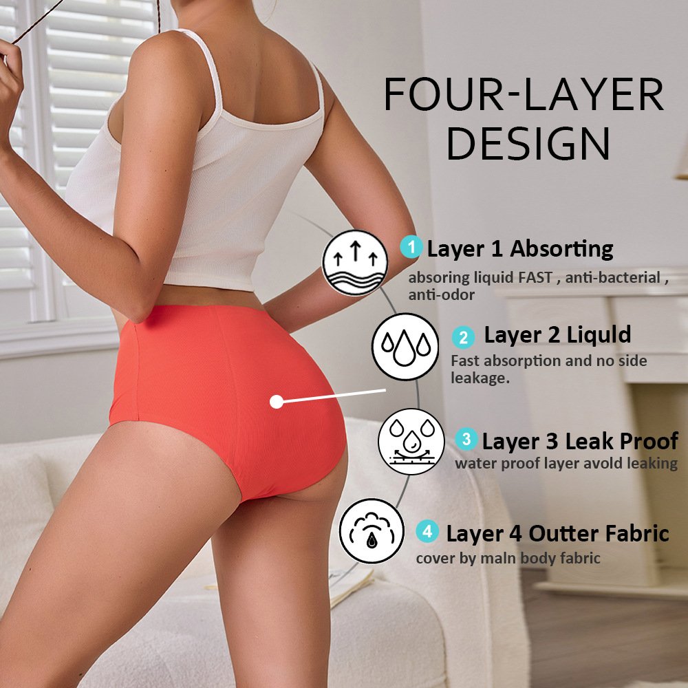 Back view of a woman wearing coral high-waisted leak-proof period panties highlighting the four-layer design.
