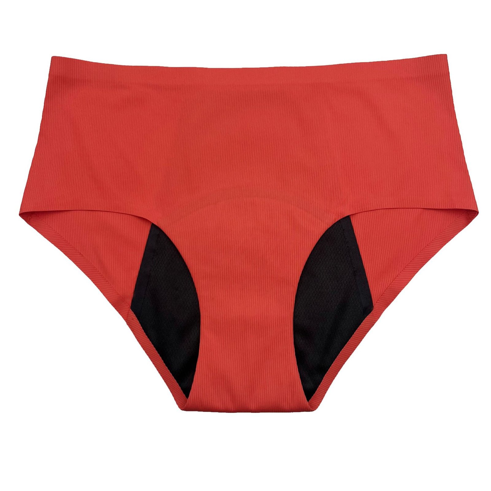 Red high-waisted period swim briefs featuring black leak-proof side panels and a wide elastic waistband.