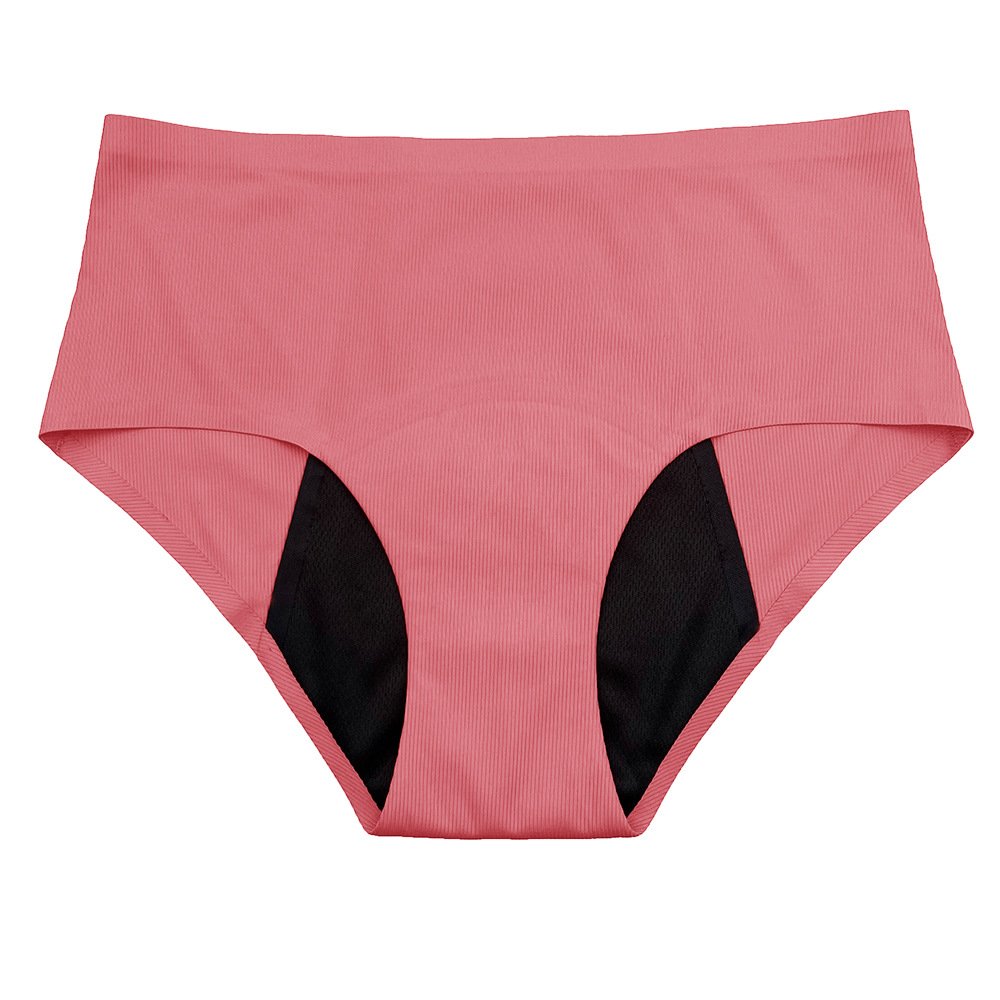 Pink high-waisted bikini bottoms with wide waistband and black side panels for leak protection.