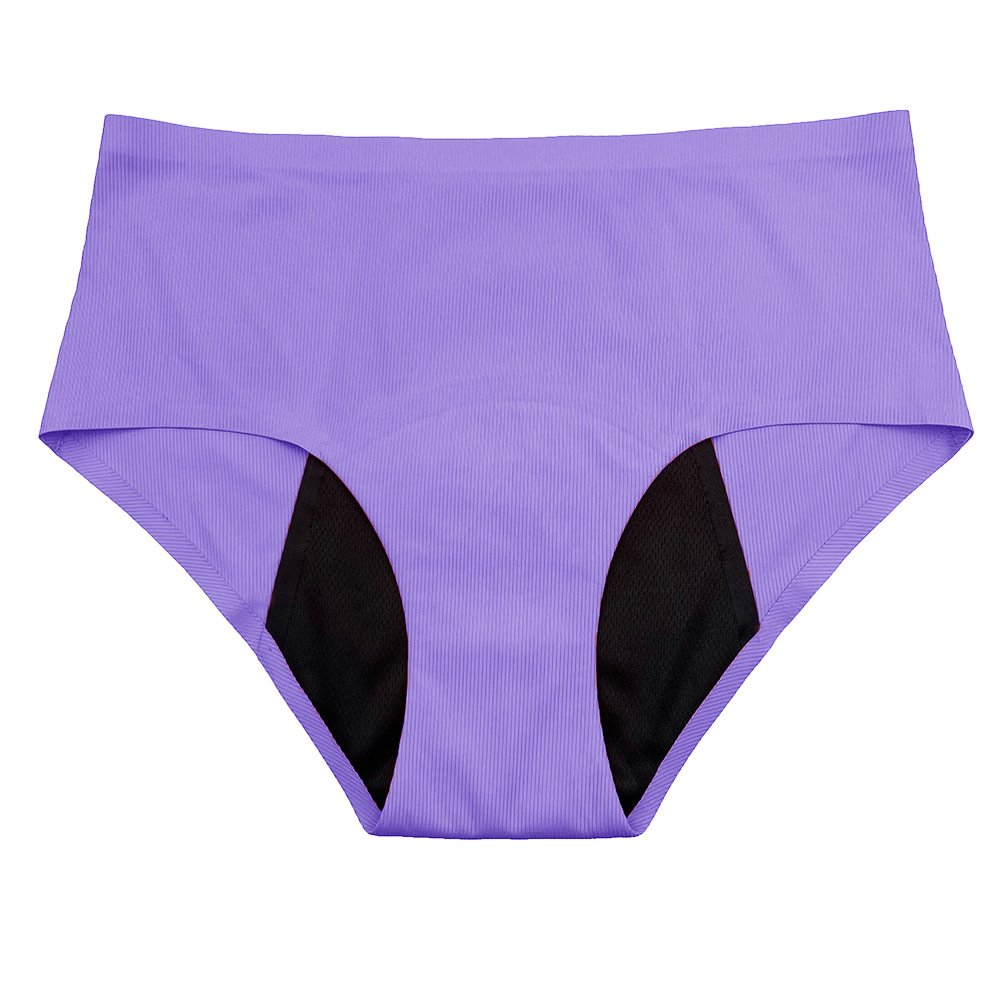 Purple high-waisted bikini briefs with a wide elastic waistband and black leak-proof gusset panels.