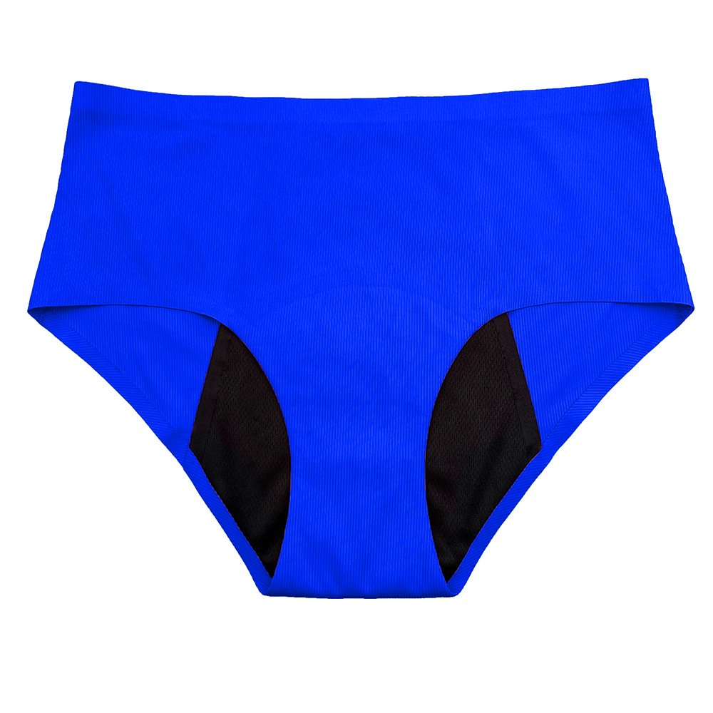 Blue high-waisted swim briefs with black side panels and full coverage.