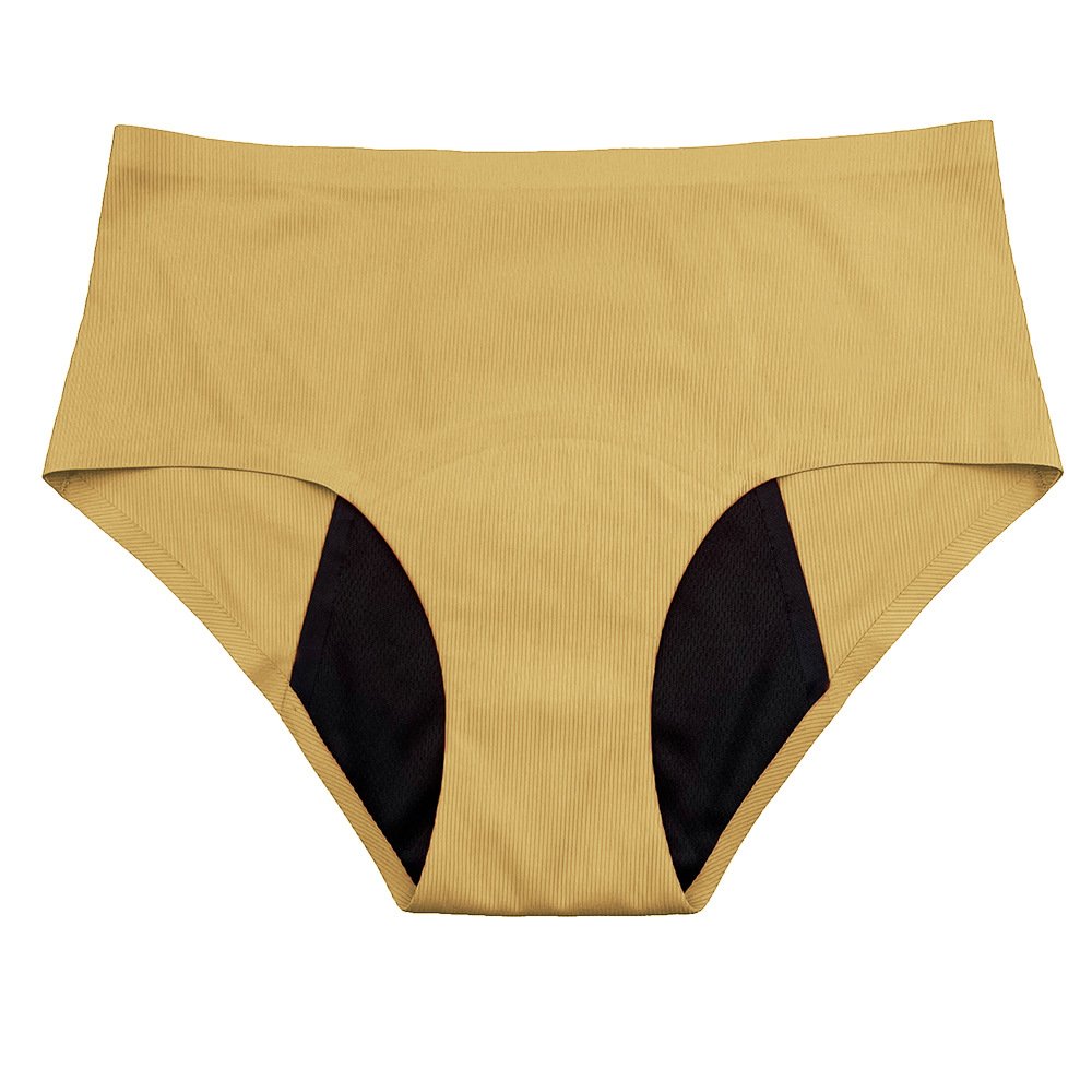 Tan high-waisted bikini briefs with black side panels and wide elastic waistband.