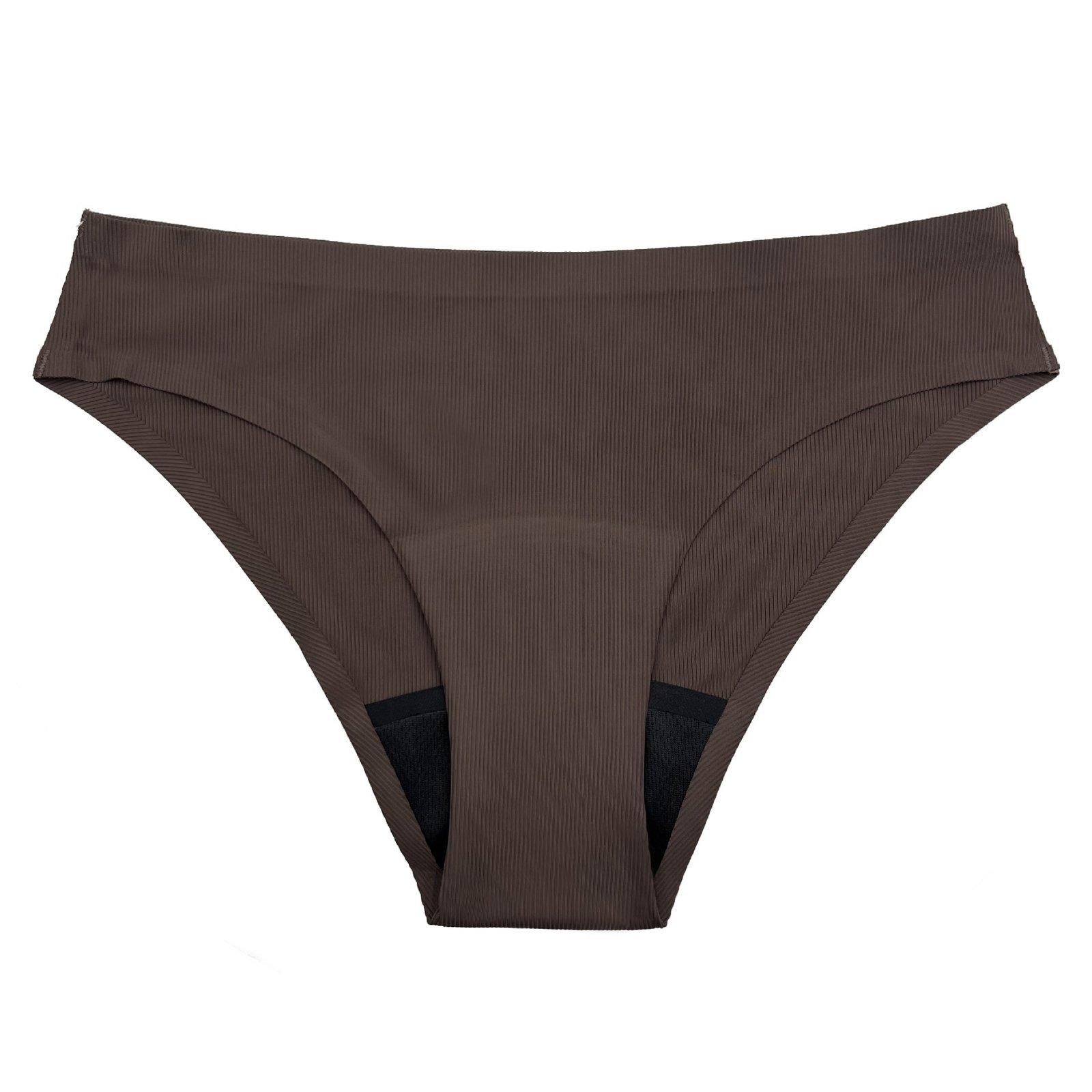 Brown ribbed high-waist bikini bottom with wide waistband and black inner lining.
