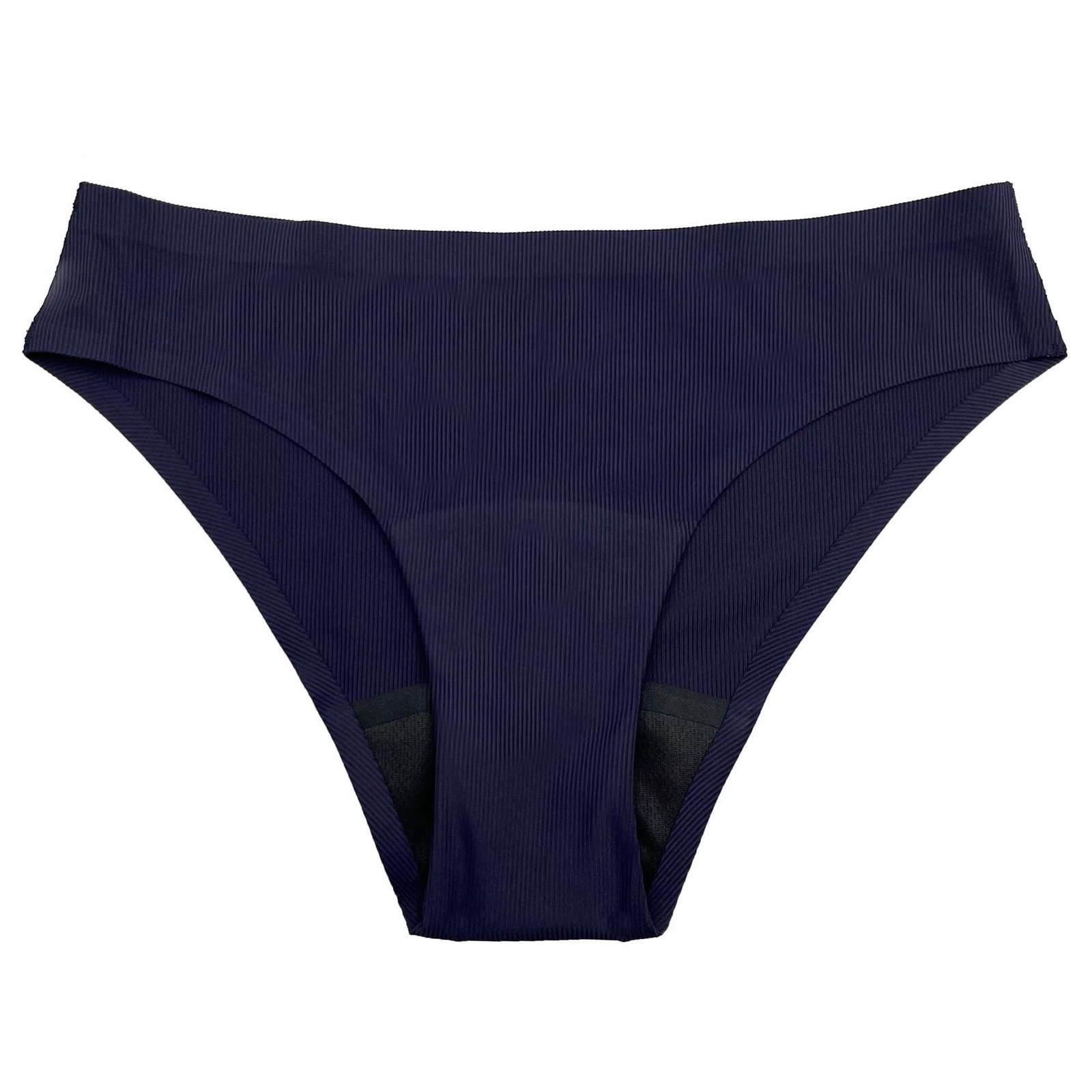 Navy blue ribbed high-waist bikini bottoms with a wide waistband and dark inner lining.