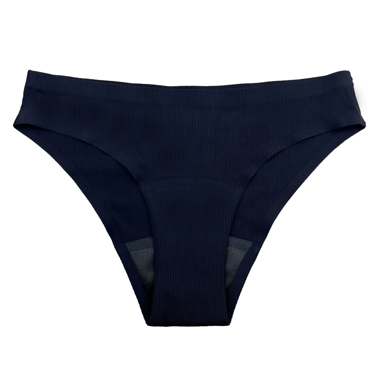 Navy blue women's ribbed high-waist bikini bottom with a wide elasticized waistband.