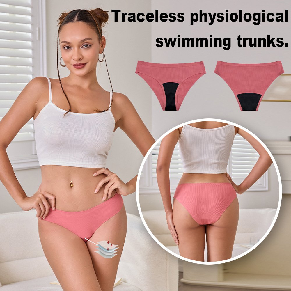 Pink ribbed high-waist bikini bottoms with black inner lining and moderate coverage.