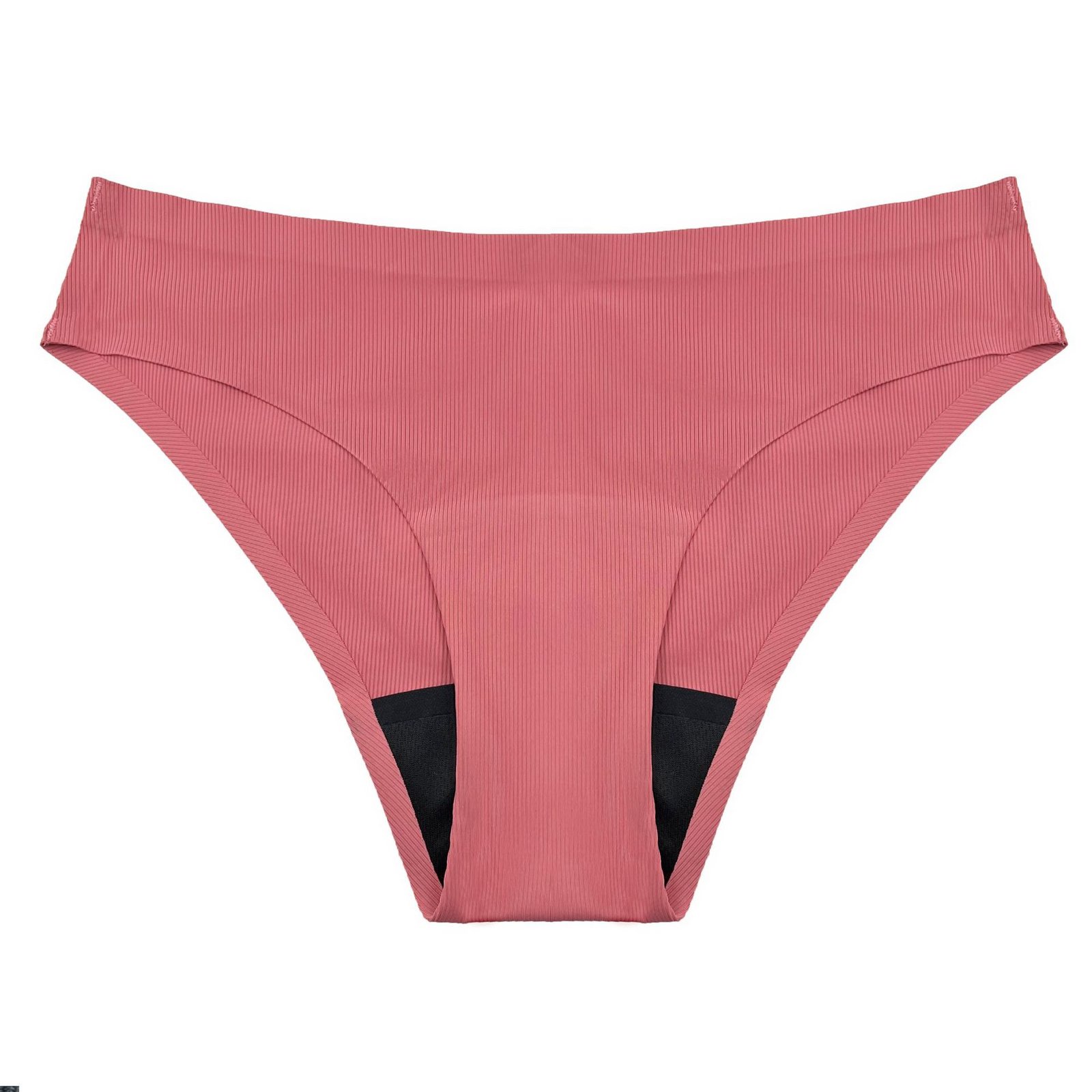 Pink ribbed high-waist bikini bottom with wide waistband and black inner lining.