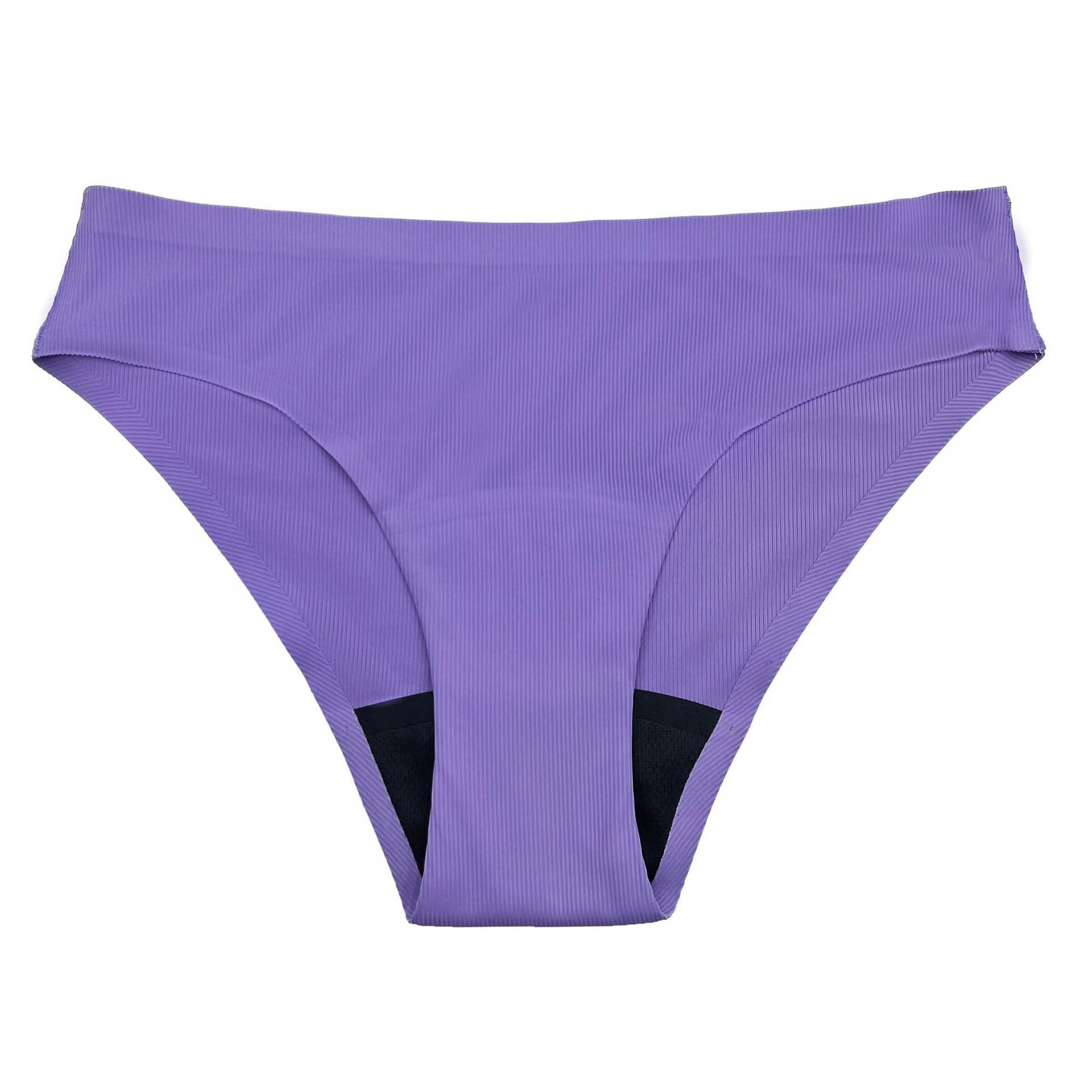 Purple ribbed high-waist bikini bottom with wide waistband and black inner lining.