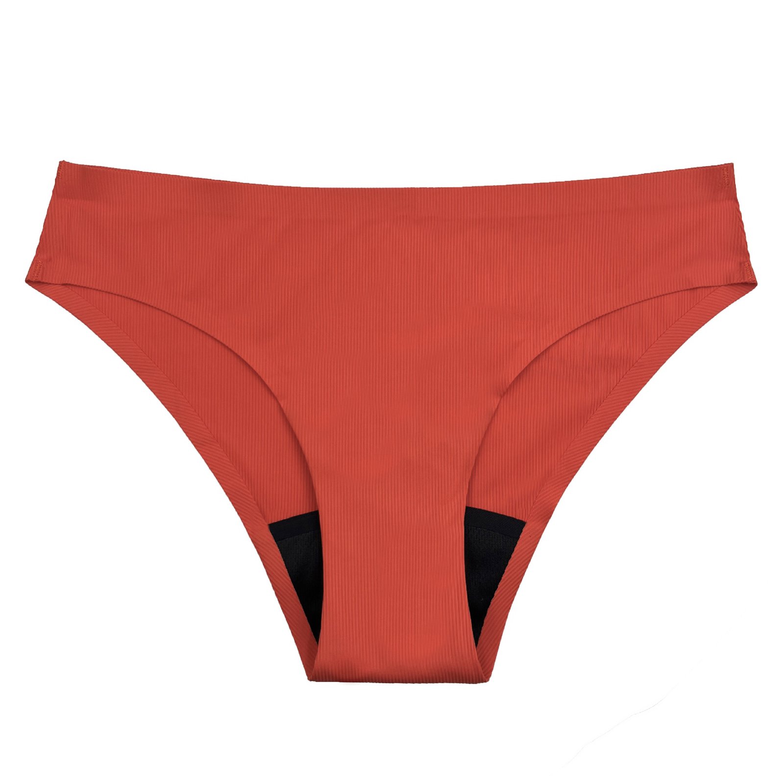 Rust-colored ribbed high-waist bikini bottom with a wide waistband and black inner lining.