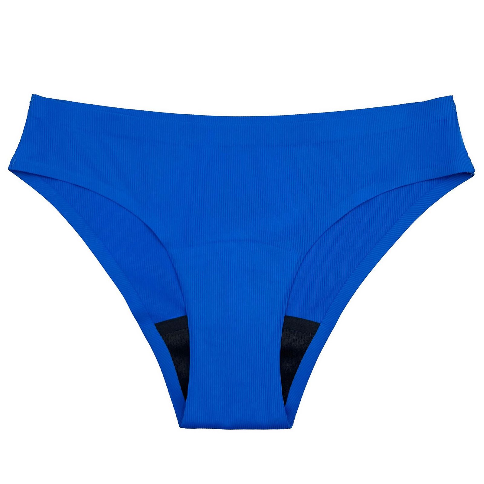 Blue ribbed high-waist bikini bottom with wide waistband and black inner lining.