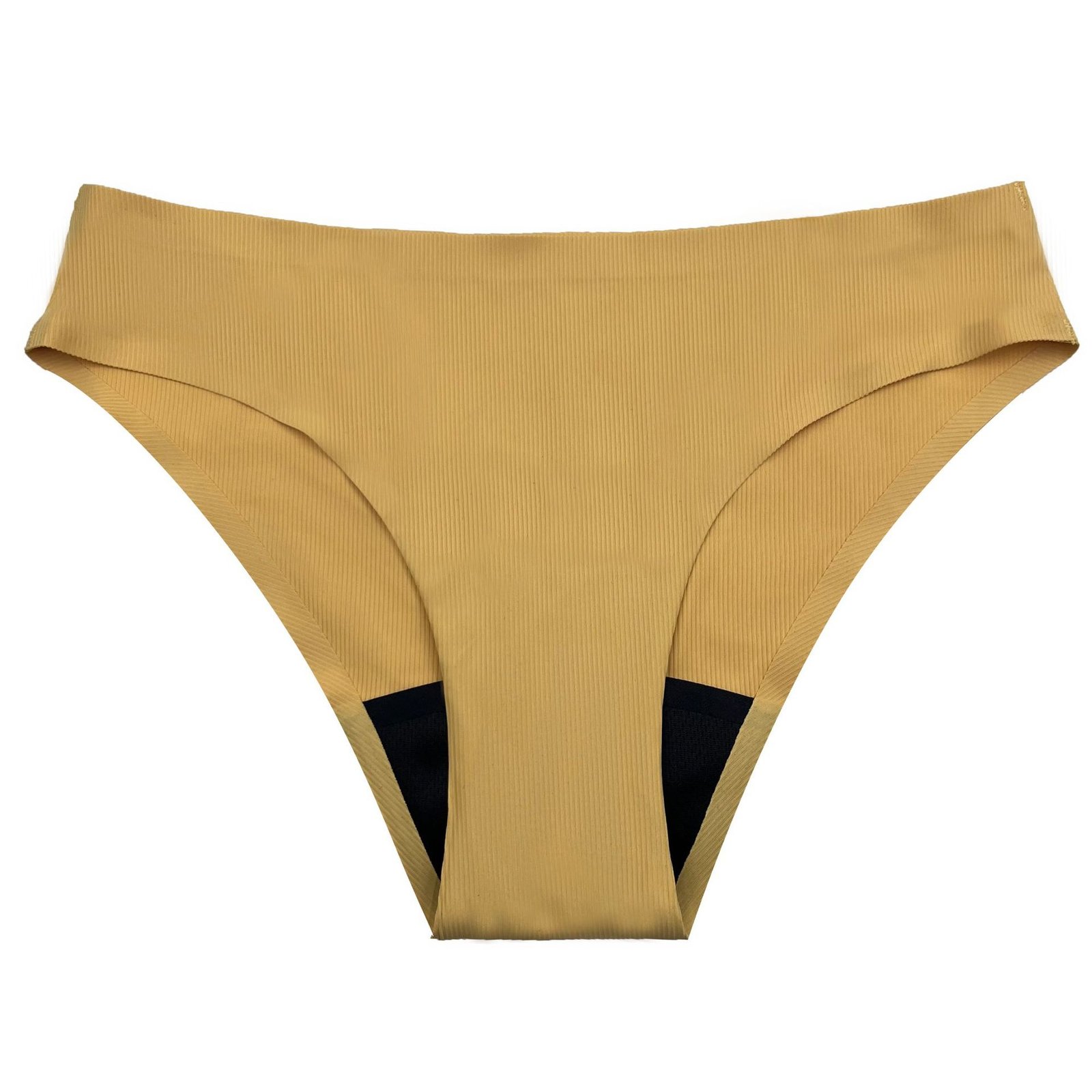 Tan ribbed high-waist bikini bottom with wide waistband and black inner lining.