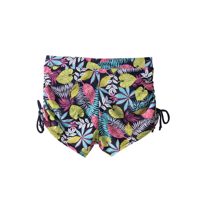 Women's high-waisted swim shorts featuring a colorful tropical leaf print, side-tie ruching, and a drawstring waistband.