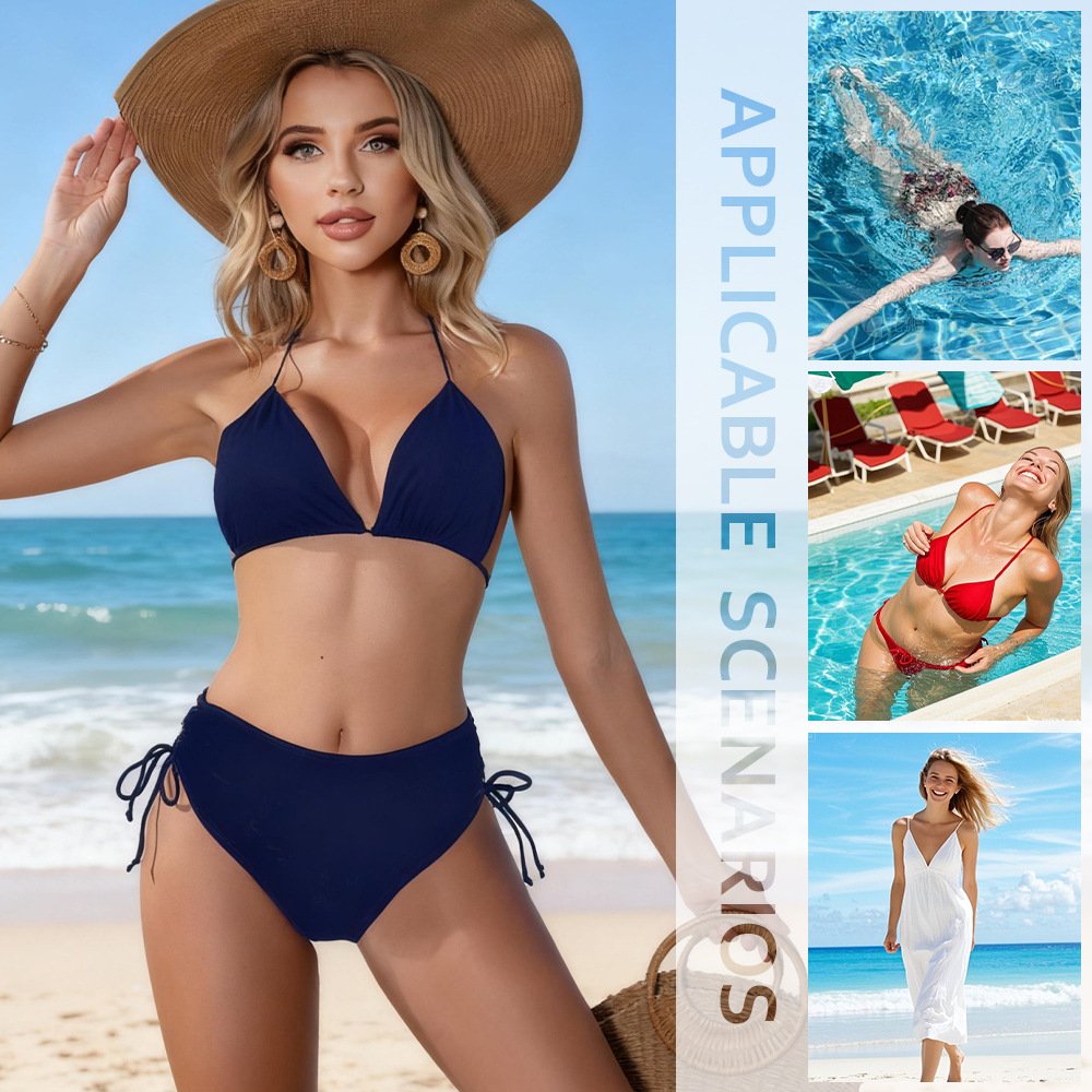 Woman modeling a navy blue two-piece bikini set with a triangle top and high-waisted side-tie bottoms.
