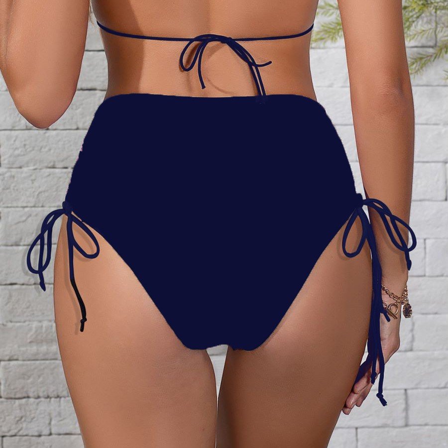 Back view of a navy blue two-piece bikini featuring a tie-neck triangle top and high-waisted side-tie bottoms.