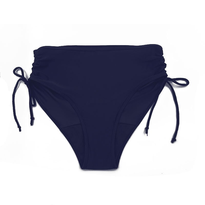 Navy blue high-waisted bikini bottom featuring ruched side-tie details and adjustable straps.