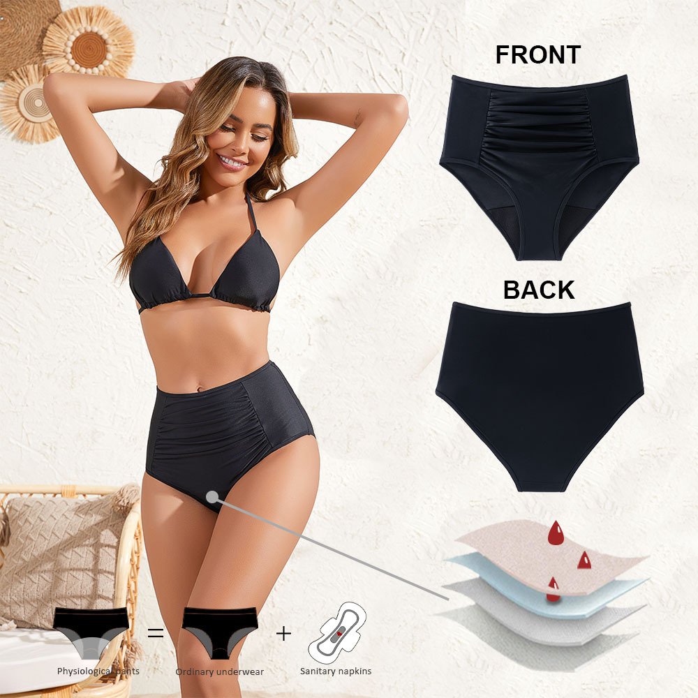 Women’s High-Waisted Ruched Tummy-Control Leakproof Period Swim Bottom