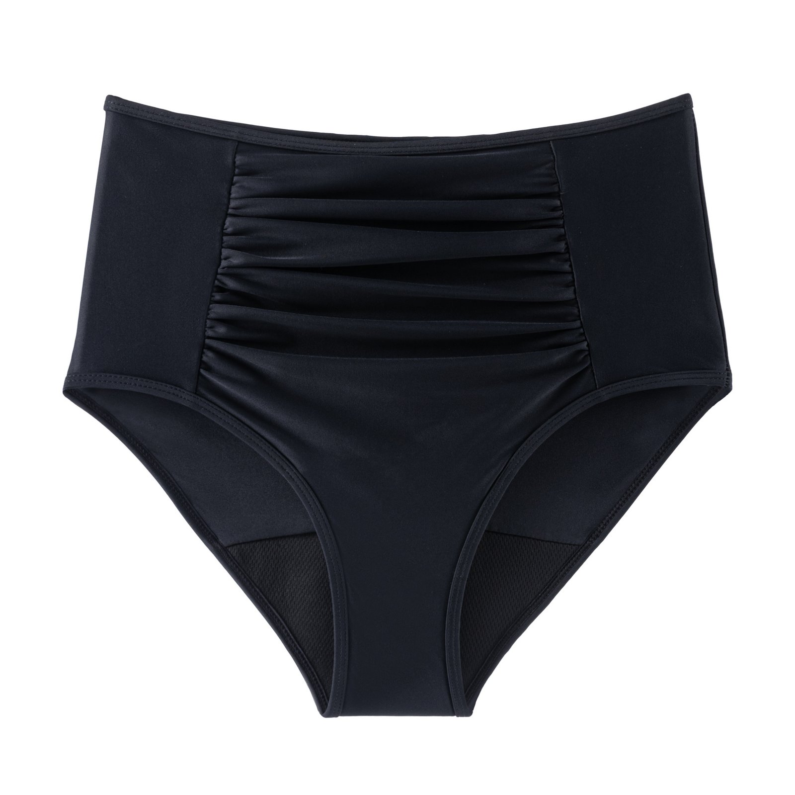Black high-waisted bikini bottom featuring a ruched front panel and smooth side panels.