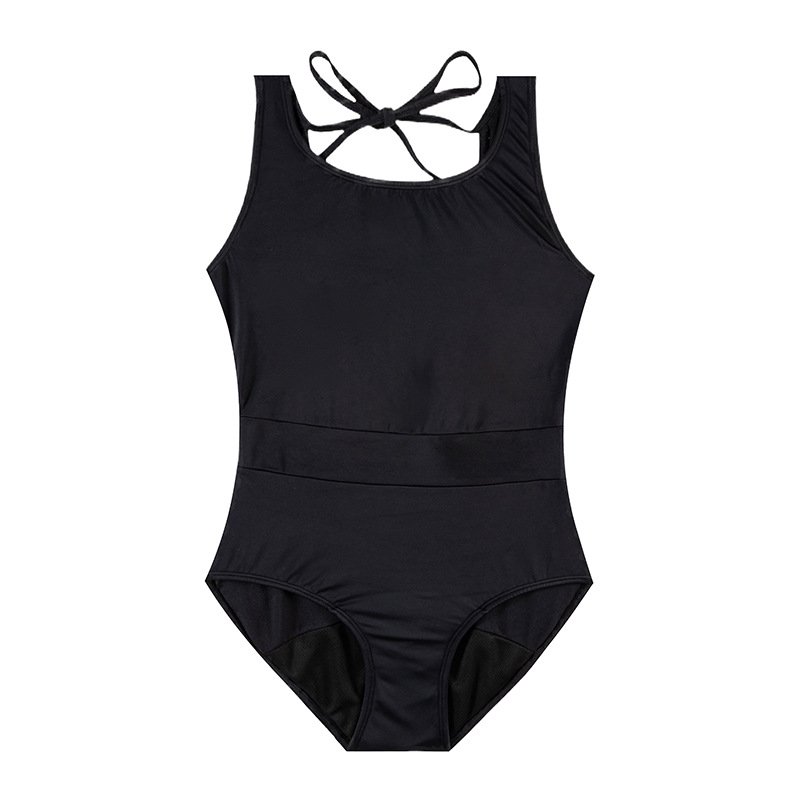 Black one-piece swimsuit with scoop neck, wide straps, tie-back closure, and horizontal waistband panel.