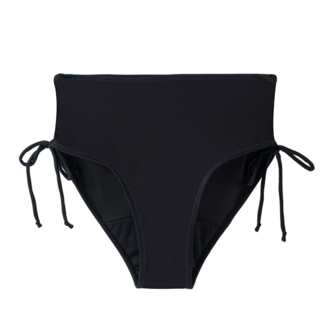 Black high-waisted bikini bottoms featuring side tie details and mesh paneling at the hips.