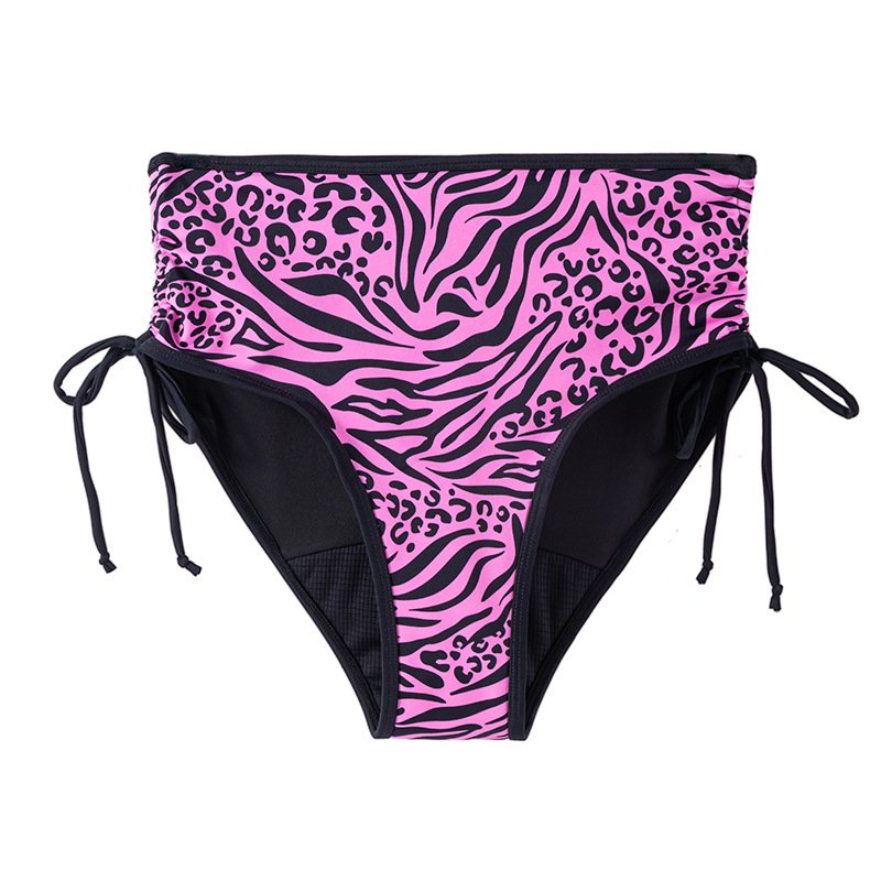 Women's high-waisted bikini bottoms in pink and black animal print with side tie details.