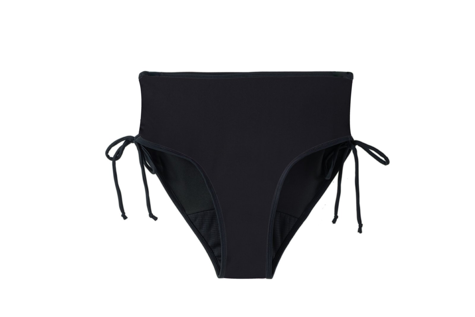 Black high-waisted bikini bottoms with side tie strings and mesh lining.