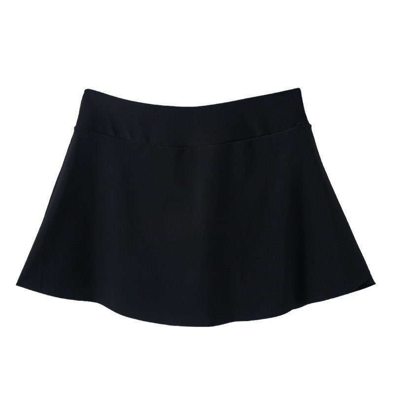 Black women's A-line swim skirt with elastic waistband and built-in brief coverage.