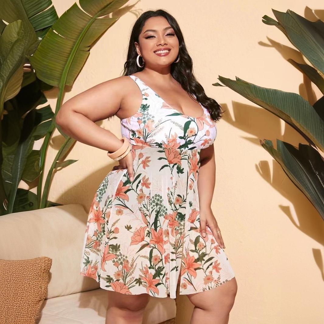 Plus Size Printed Tankini Set with Attached Skirt
