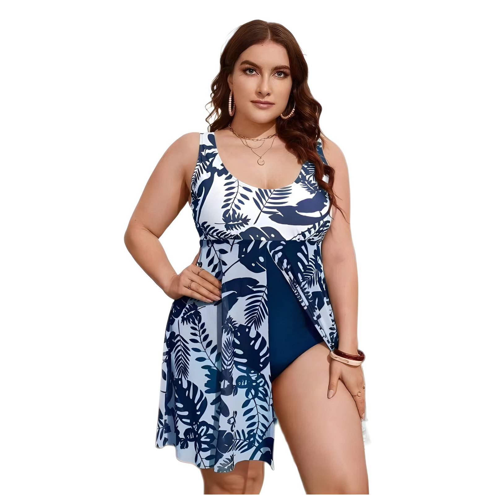 Blue and white leaf print plus size tankini set with attached flowy skirt overlay and scoop neckline.
