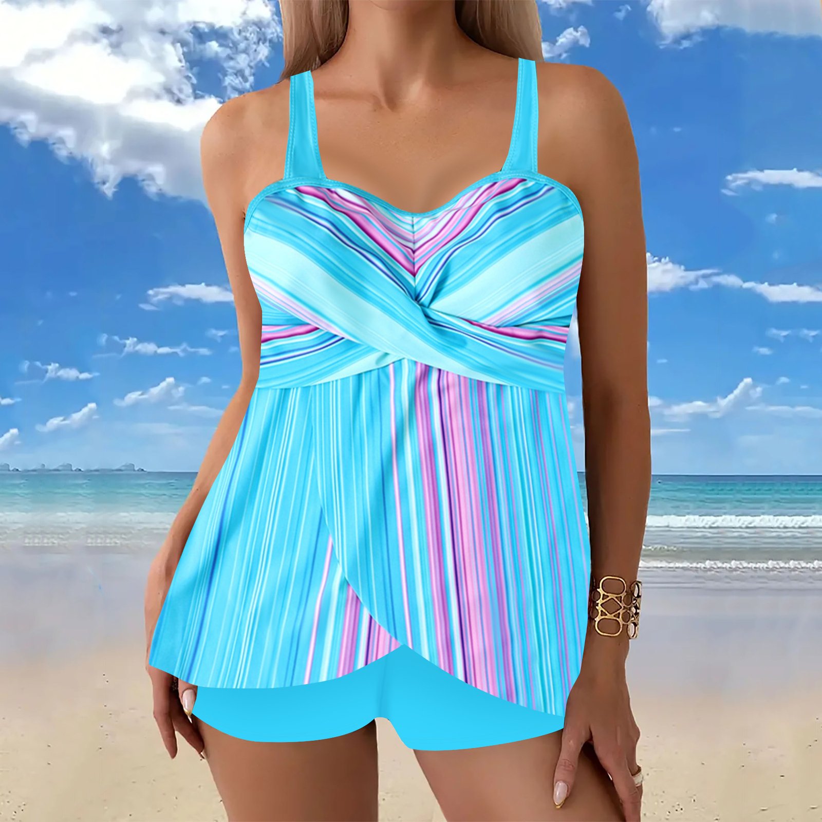 Plus Size Twist Front Tankini Top with Boy Shorts Set