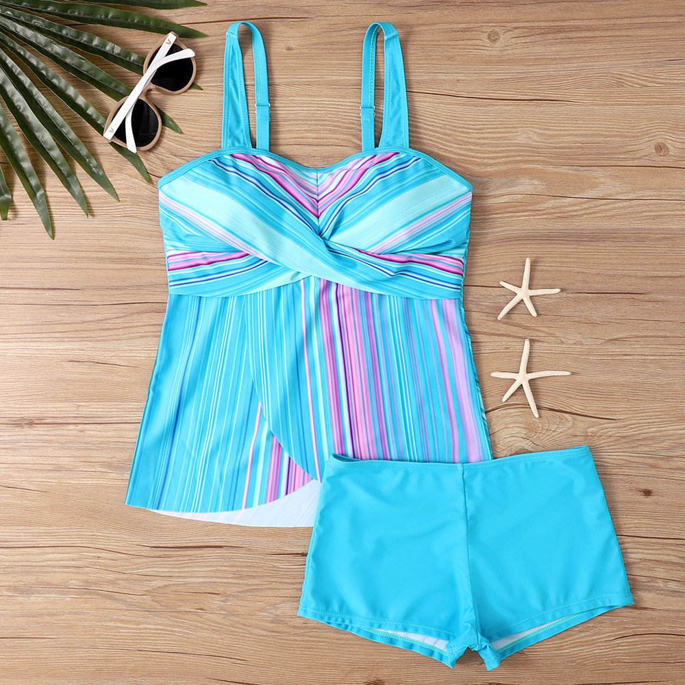 Blue and pink striped plus size tankini top with twist front and matching boy shorts.