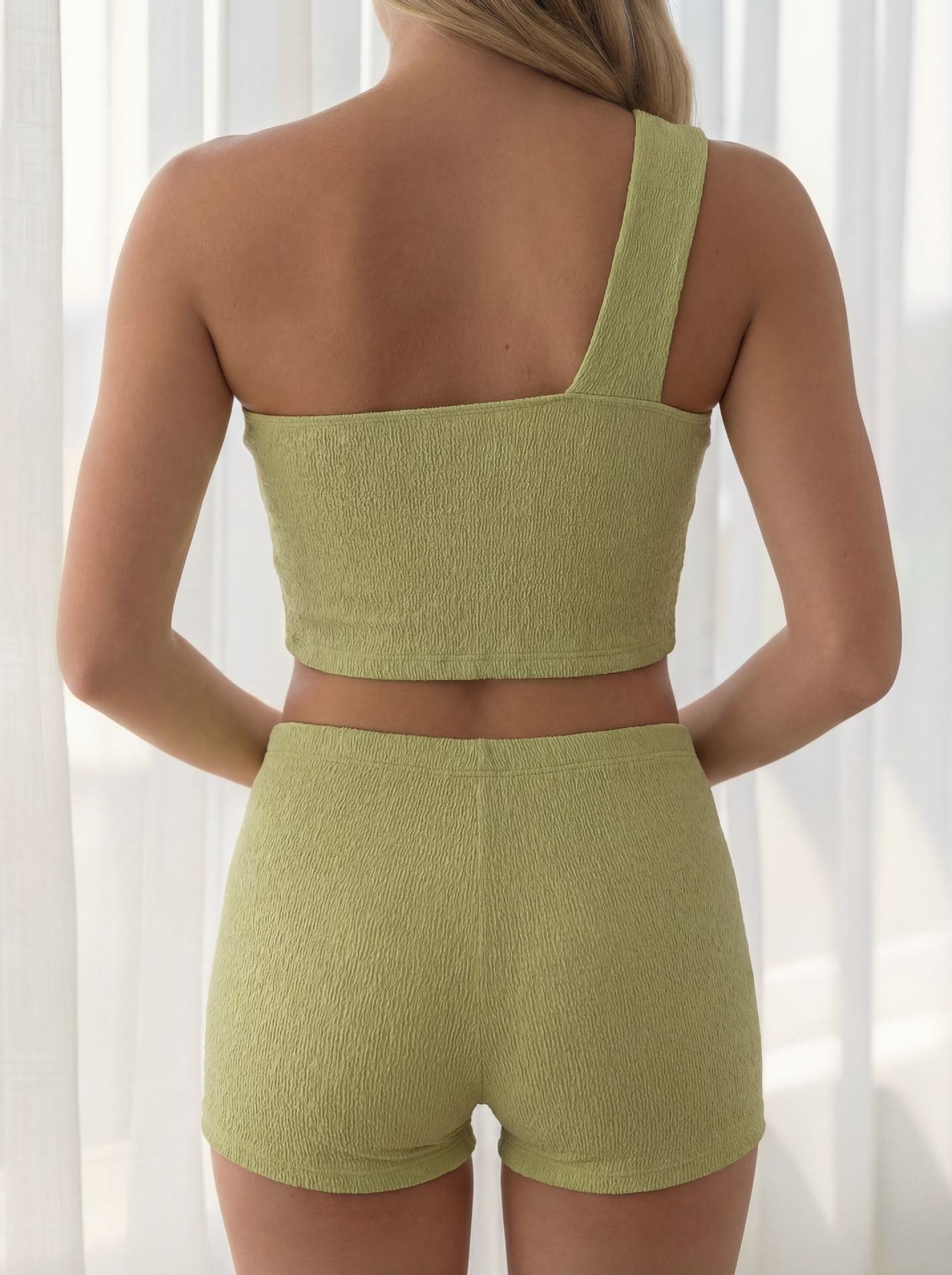 One-Shoulder Tankini Set with High-Waisted Shorts