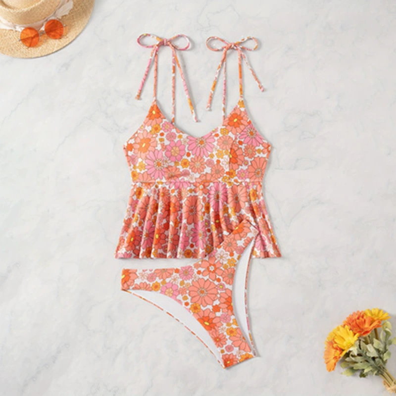 Women’s Tie Strap Peplum Two-Piece Tankini Swimsuit Set