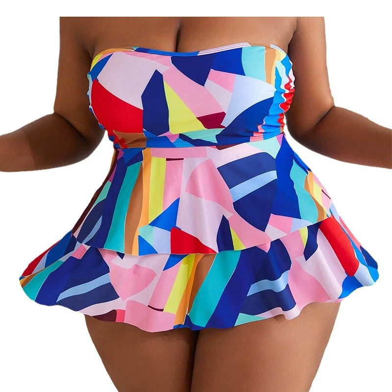 Plus Size Strapless Bandeau Tiered Ruffle Skirt Two Piece Swimsuit view 5