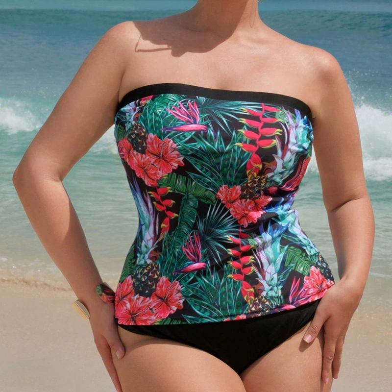 Plus Size Strapless Bandeau Tankini Two Piece Swimsuit Set